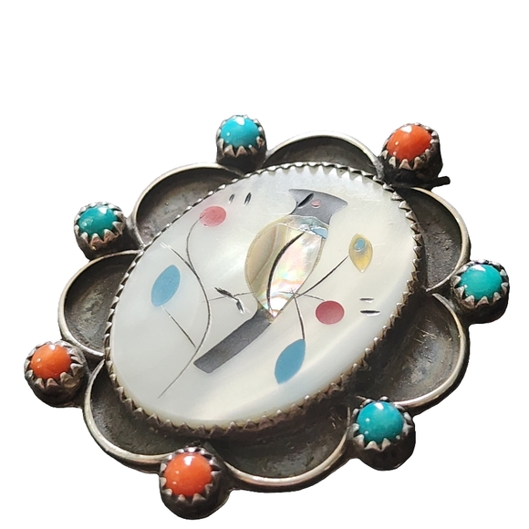 Vintage Sterling Bird Inlay Brooch Pendant with Turquoise and Coral Accents - Picture 4 of 7